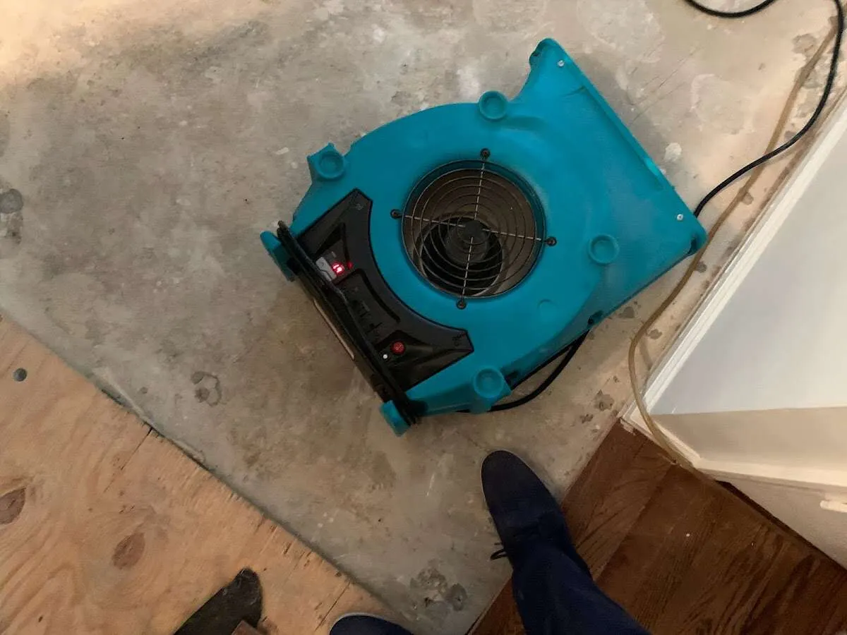 Air mover drying subfloor during Commercial Water Damage Restoration in East Brandywine